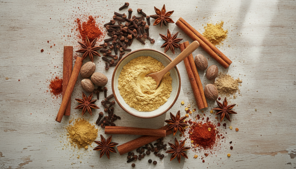 Various dried spices including ginger powder whole cloves and other warming spices arranged aesthetically on a wooden ta