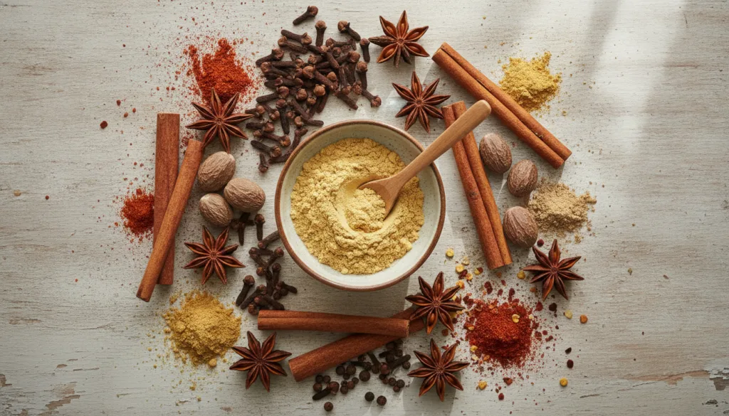 Various dried spices including ginger powder whole cloves and other warming spices arranged aesthetically on a wooden ta