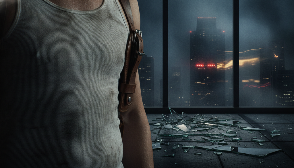 A close-up gritty shot of an iconic 80s action hero s torso featuring a sweat and soot-stained white ribbed tank top a b