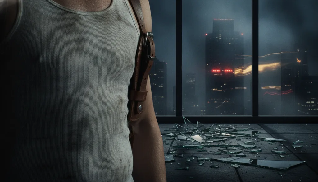 A close-up gritty shot of an iconic 80s action hero s torso featuring a sweat and soot-stained white ribbed tank top a b