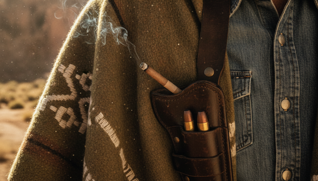 A close-up gritty shot of a Spaghetti Western character focusing on their attire and accessories without revealing a rec