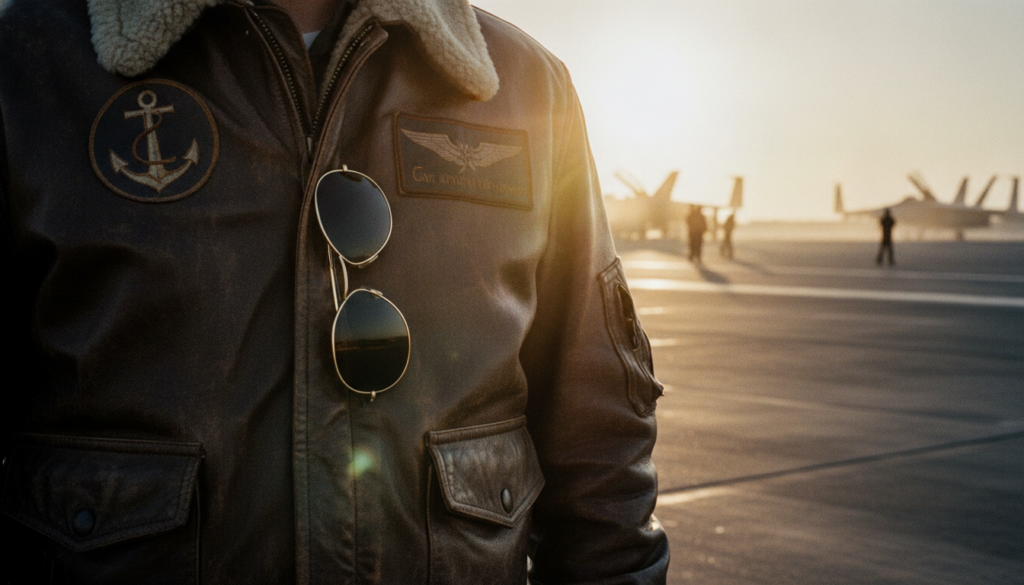 A pair of classic gold-rimmed teardrop Aviator sunglasses resting on the lapel of a distressed brown leather G-1 flight 