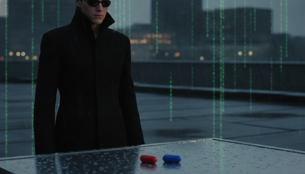 A sleek 1999 sci-fi cinematic square shot featuring a long tailored black wool duster trench coat with a high collar tin