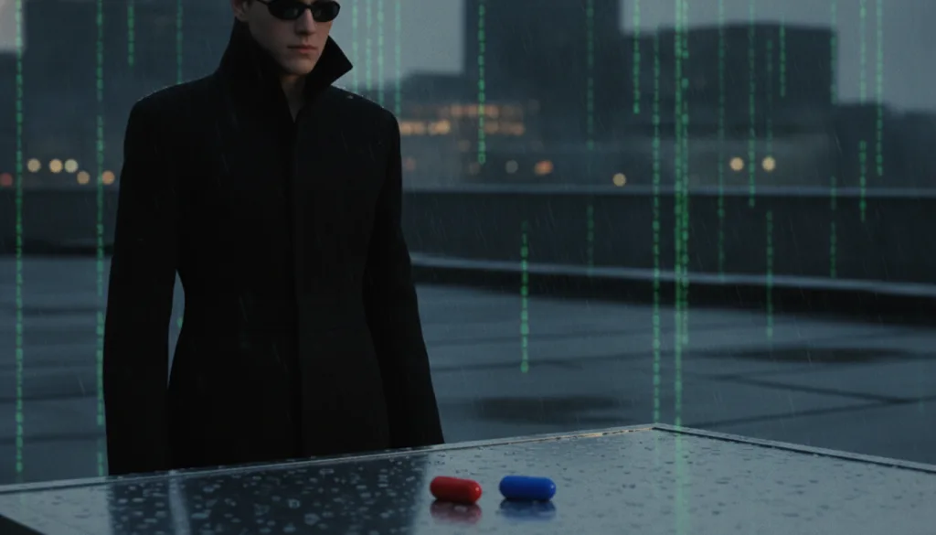 A sleek 1999 sci-fi cinematic square shot featuring a long tailored black wool duster trench coat with a high collar tin