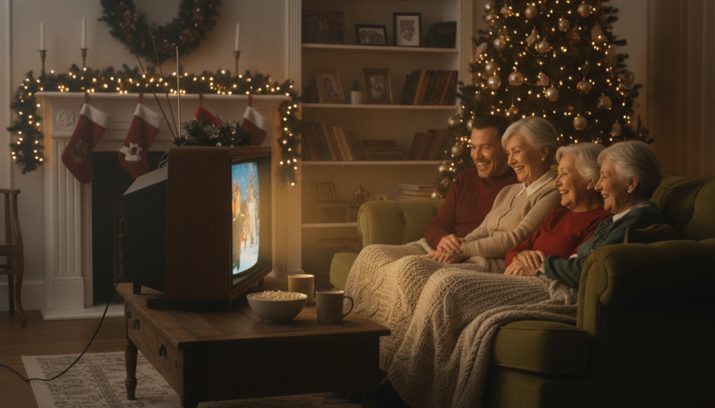 A cheerful festive scene of a multi-generational family gathered around a television watching a classic 90s holiday movi