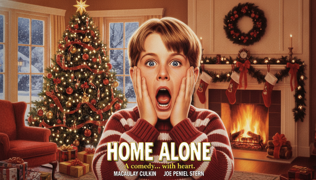 A nostalgic movie poster for the film Home Alone showing Macaulay Culkin as Kevin McCallister with his iconic hands-on-c