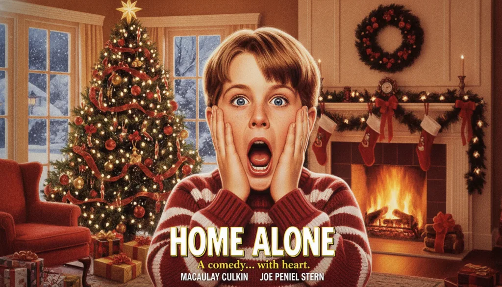 A nostalgic movie poster for the film Home Alone showing Macaulay Culkin as Kevin McCallister with his iconic hands-on-c