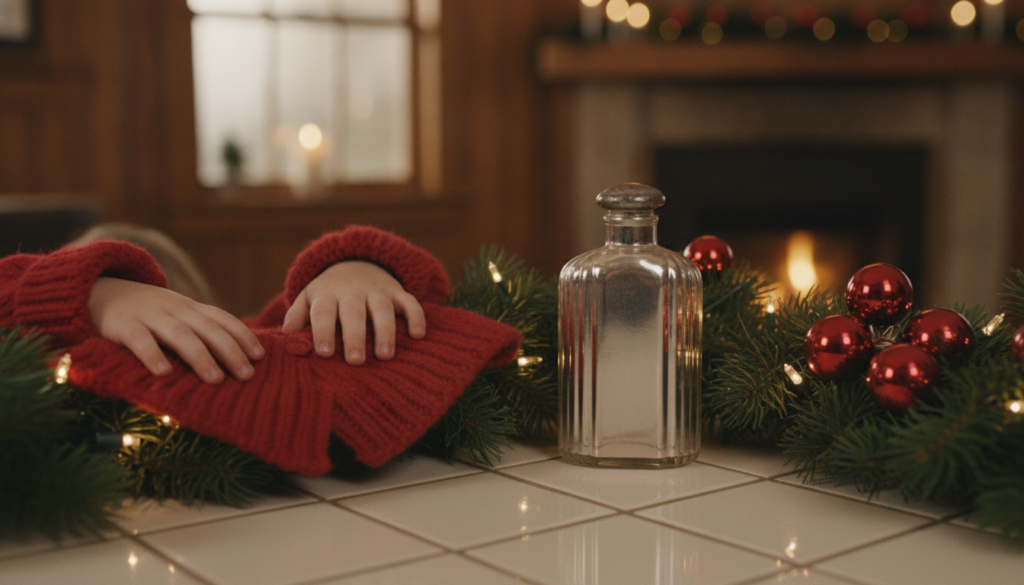 A warm festive 1990 holiday movie square shot showing a pair of small child hands resting on the collar of a chunky red 