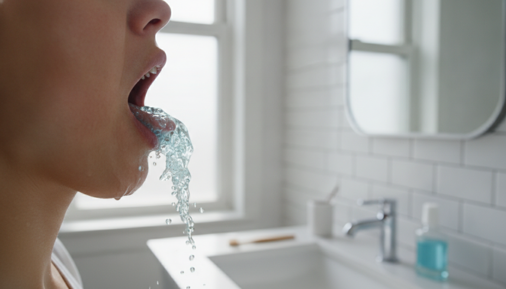 A person gargling with a liquid in a bathroom focusing on the act of rinsing the throat and spitting out the liquid into
