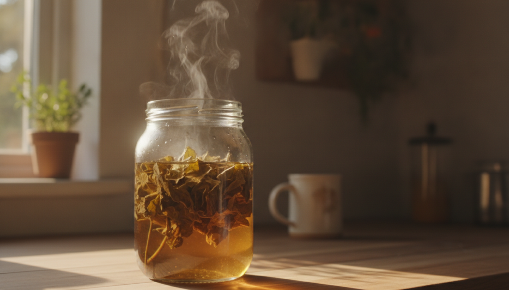 Dried comfrey leaves steeping in a glass jar with hot water covered with a lid