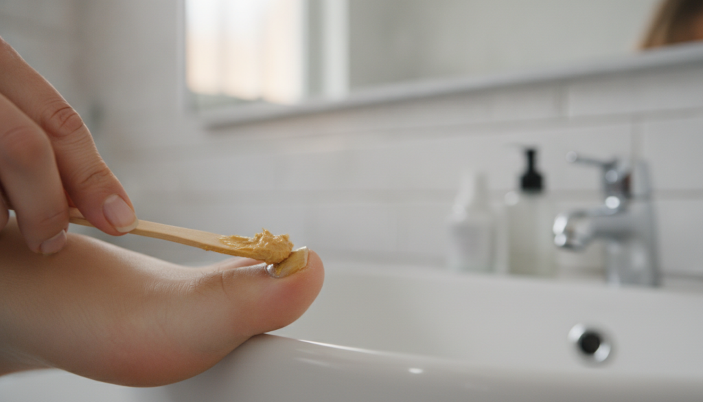 A hand applying ginger paste to a toenail affected by fungus showing the application process clearly