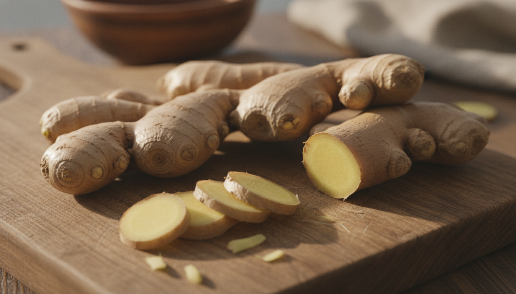 Close-up of fresh ginger roots and sliced ginger on a cutting board ready for preparation