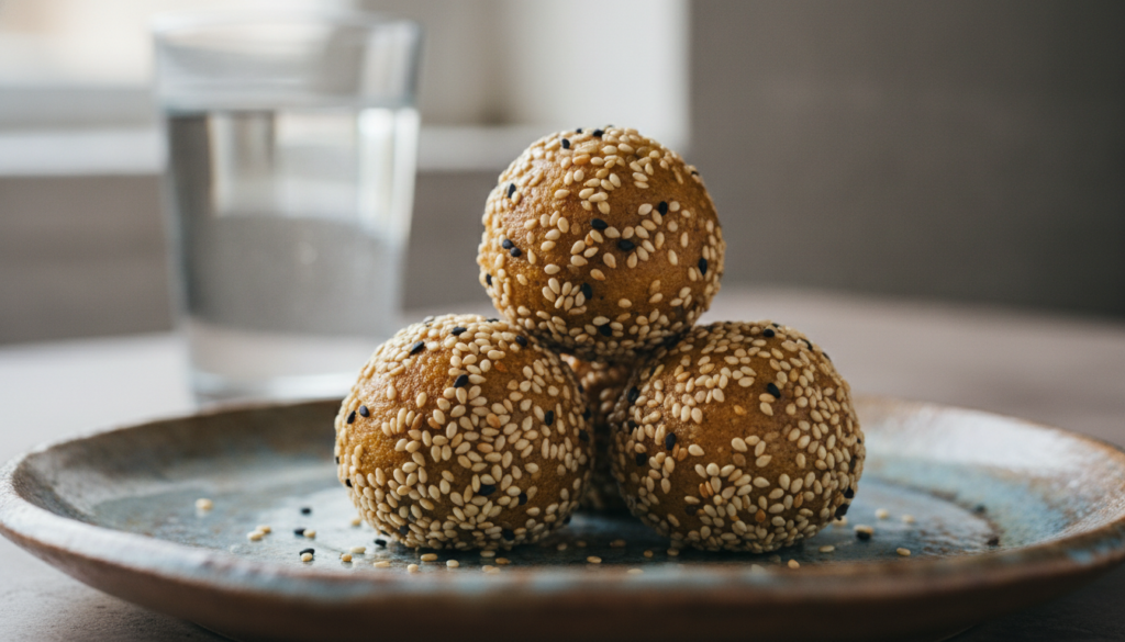 A stack of freshly made Collagen Laddus on a small plate ready to be eaten with a glass of water nearby
