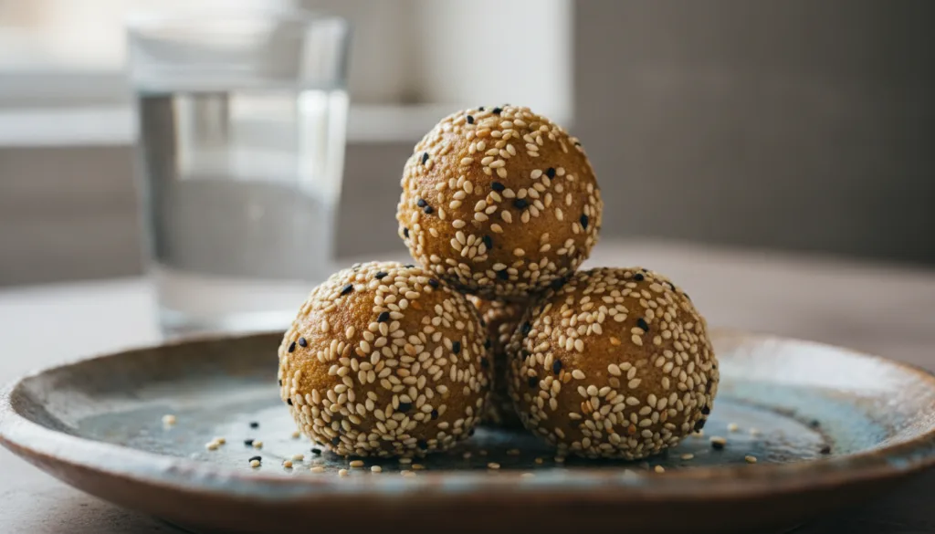 A stack of freshly made Collagen Laddus on a small plate ready to be eaten with a glass of water nearby