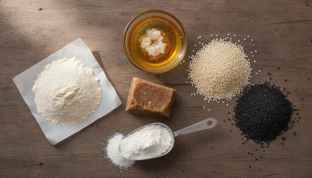 Various ingredients for making Collagen Laddus laid out on a wooden table sesame seeds jaggery ghee flour and a scoop of