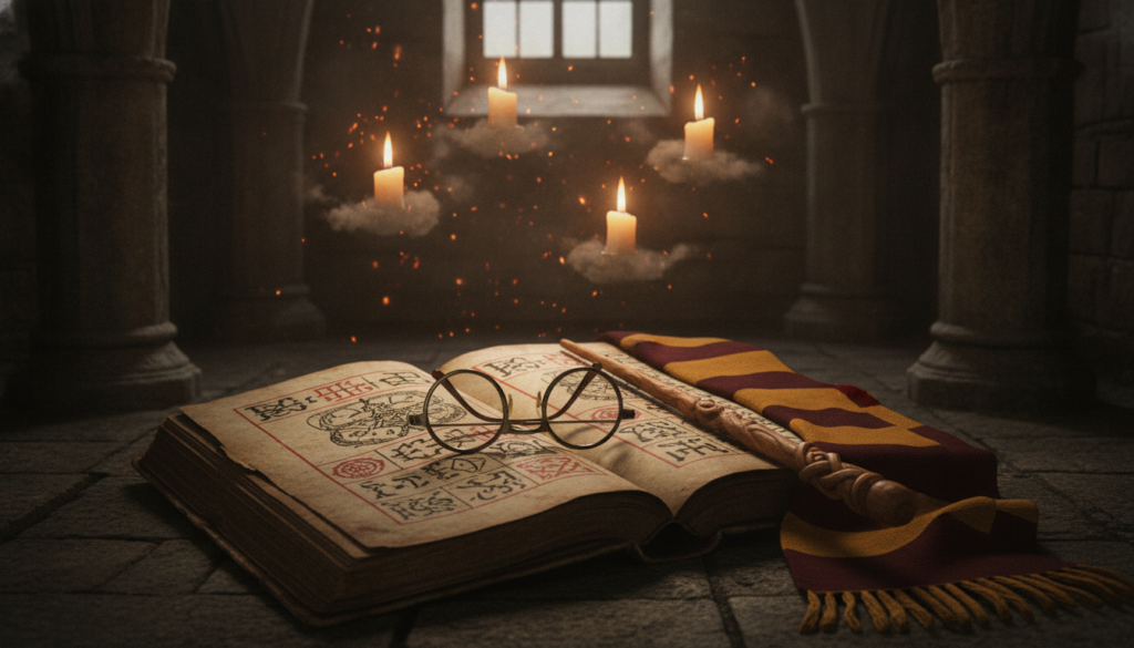A moody cinematic fantasy shot featuring iconic magical items related to The Boy Who Lived