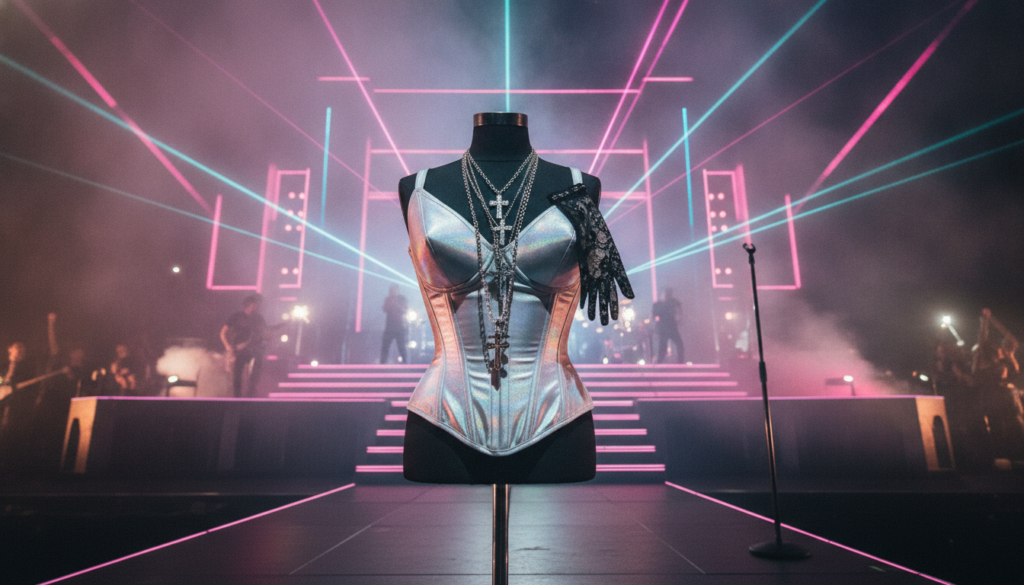 A vibrant 80s-inspired image showcasing iconic Madonna fashion elements teasing her identity as the Queen of Pop