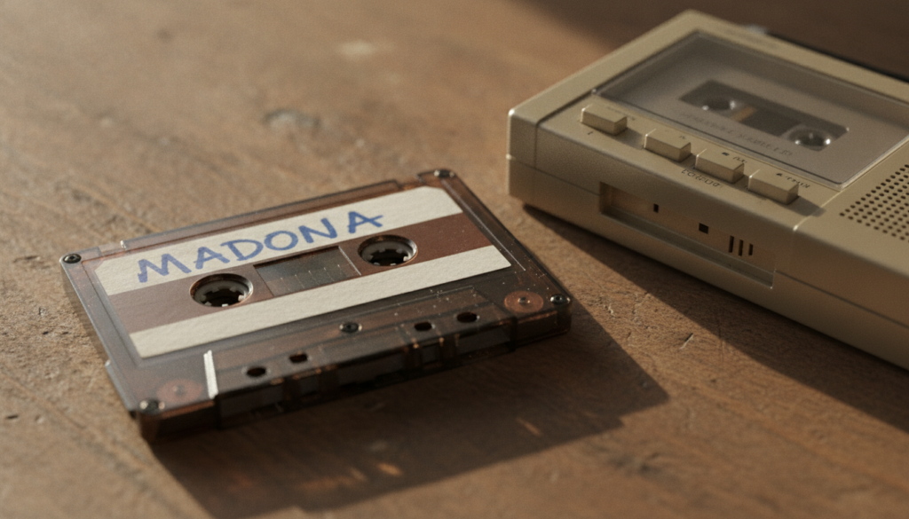 An image showing a vintage 80s cassette tape with Madonna written on the label surrounded by other classic 80s music mem