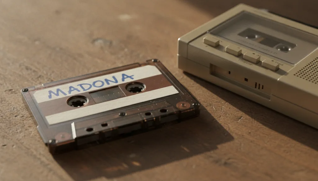 An image showing a vintage 80s cassette tape with Madonna written on the label surrounded by other classic 80s music mem