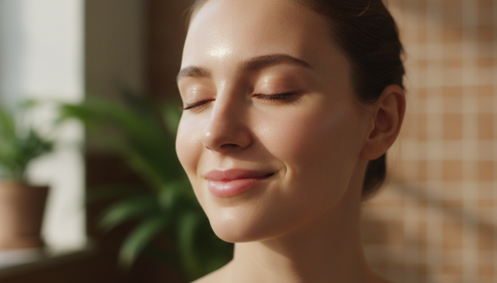A close-up shot of a woman s radiant face after using a natural mask showing smooth skin and a healthy glow She looks re