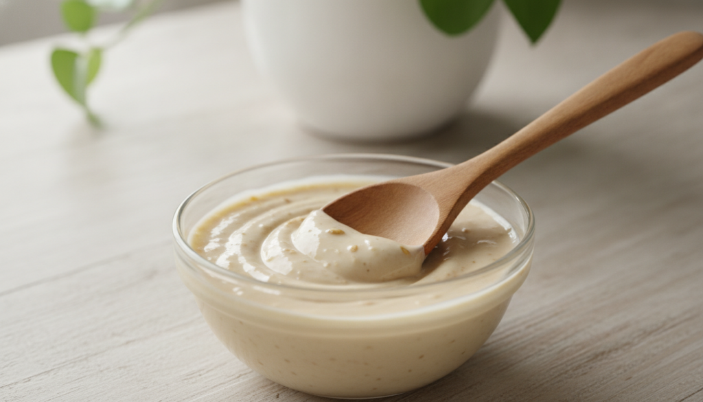 Close-up of a small glass bowl containing the freshly mixed yogurt honey and oat face mask A wooden spoon rests in the b