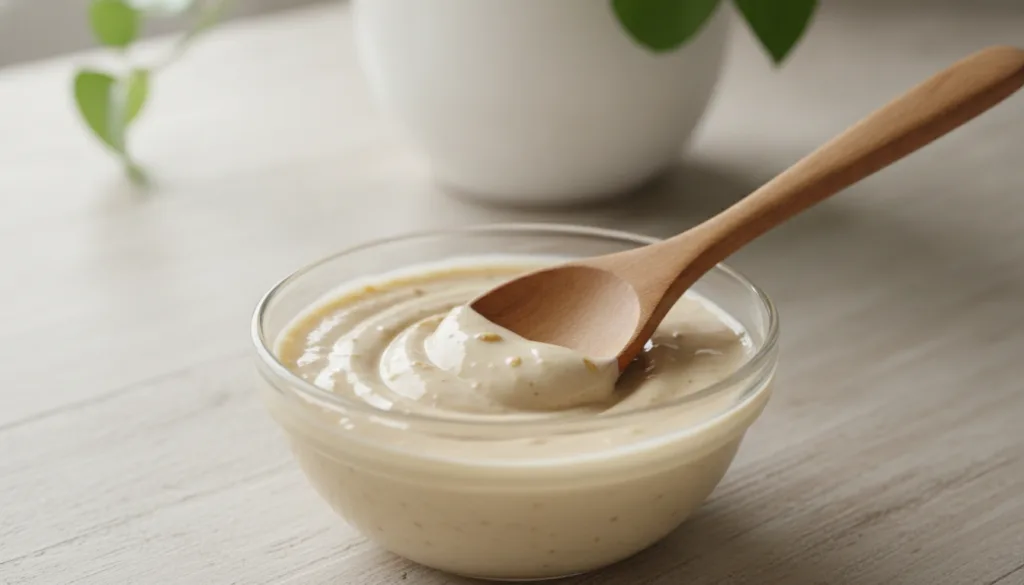 Close-up of a small glass bowl containing the freshly mixed yogurt honey and oat face mask A wooden spoon rests in the b