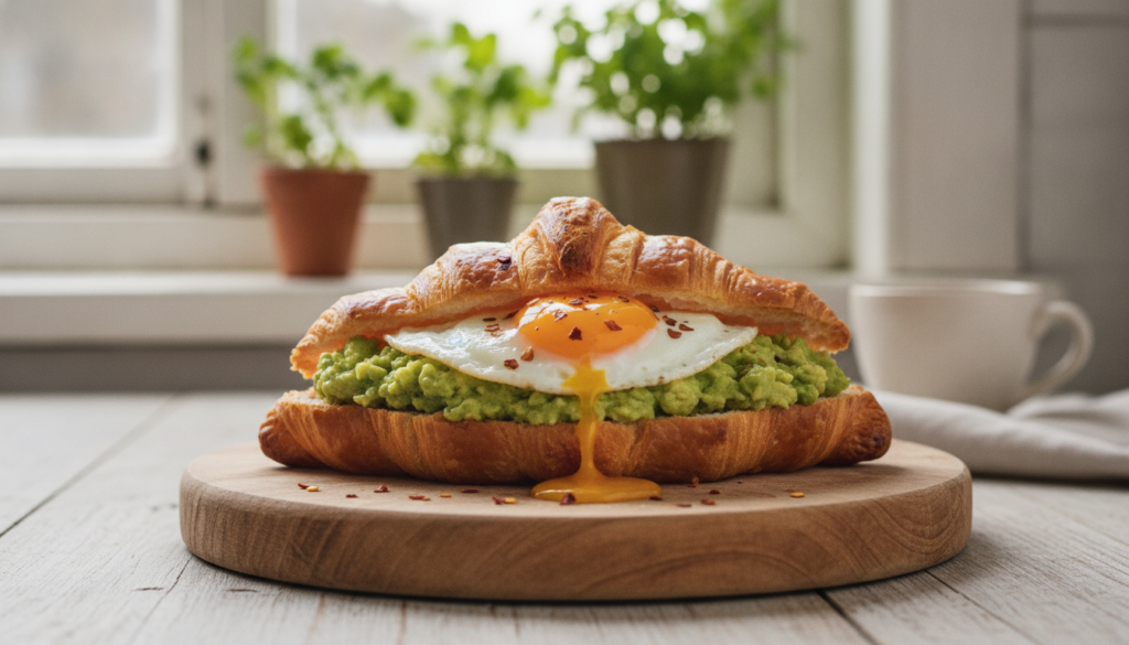 A croissant filled with creamy mashed avocado a perfectly fried egg with a runny yolk and a sprinkle of red chili flakes