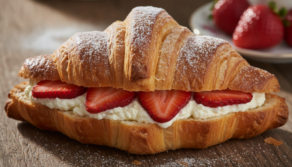 A flaky golden croissant filled with a generous spread of white cream cheese and vibrant red sliced strawberries dusted 