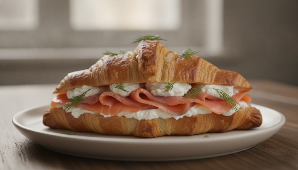 A golden croissant filled with layers of smoked salmon white cream cheese and fresh green dill sprigs on a light plate