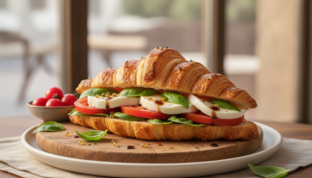 A croissant filled with slices of fresh mozzarella ripe red tomatoes and green basil leaves evoking a Caprese salad
