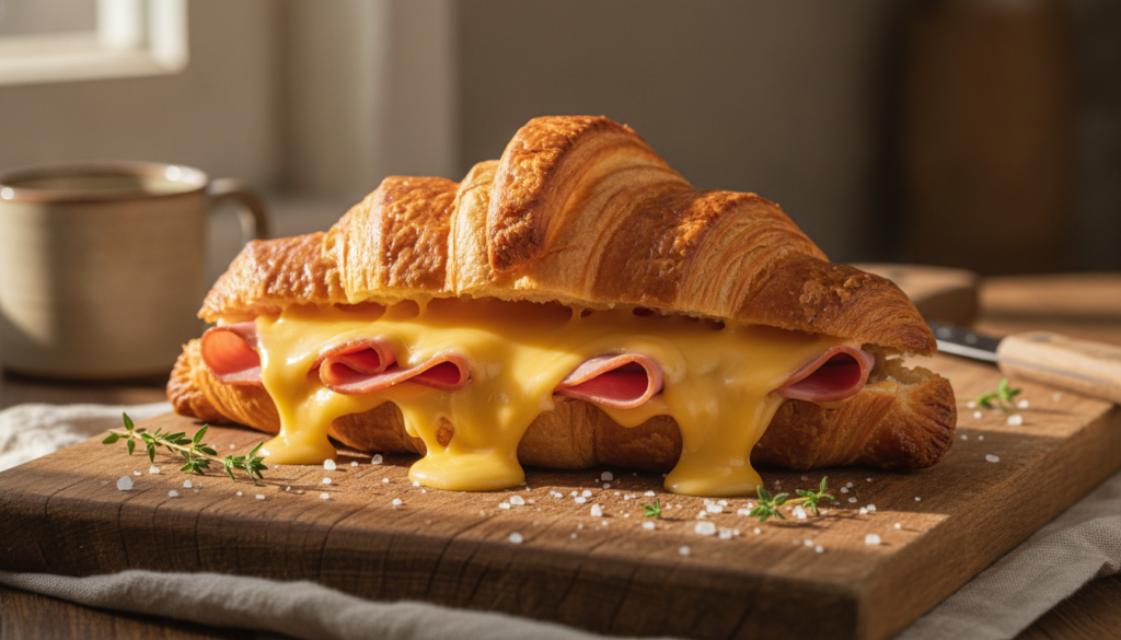 A warm golden-brown croissant filled with melted yellow cheese and savory ham slices with a rustic background
