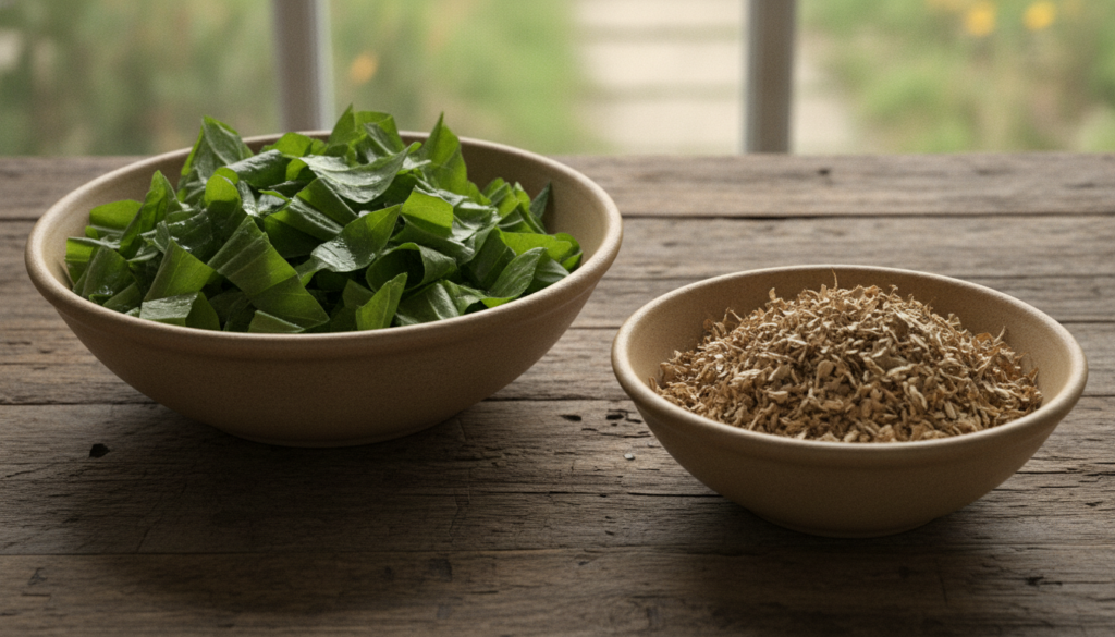 Two bowls side by side one containing fresh chopped comfrey leaves and the other containing dried crumbled comfrey leave