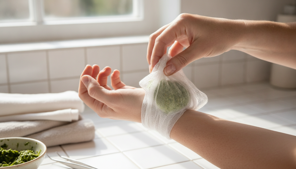 A pair of hands gently applying a comfrey poultice wrapped in gauze to a person s wrist illustrating safe and careful ex