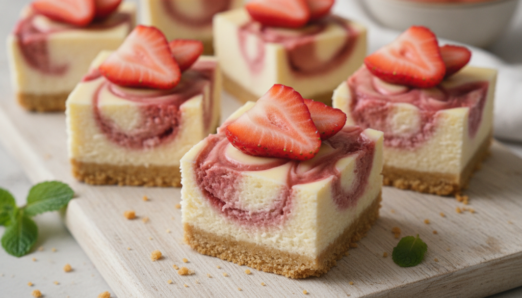 Strawberry swirl cheesecake bites with a graham cracker crust vibrant pink strawberry swirls and topped with fresh straw