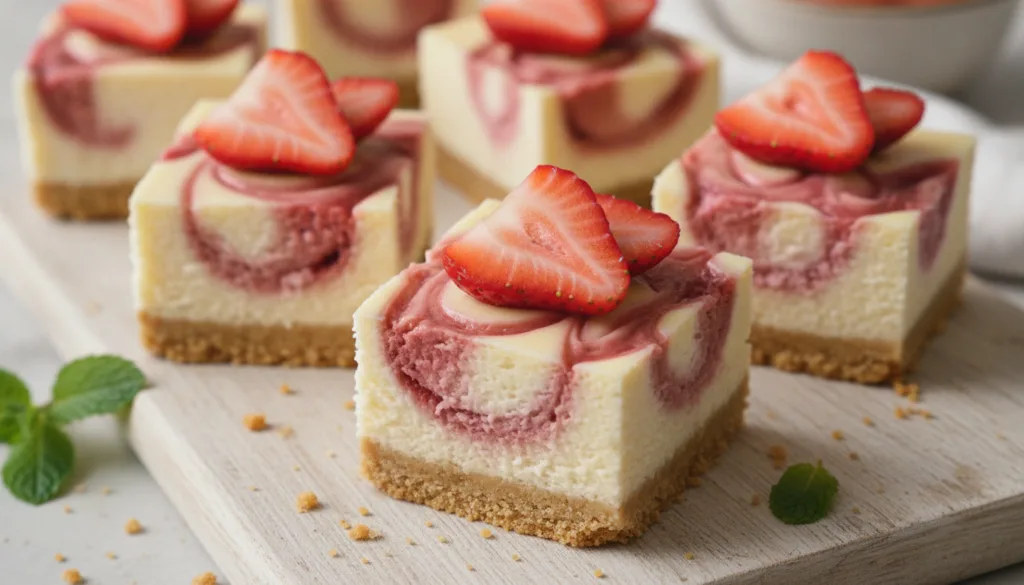 Strawberry swirl cheesecake bites with a graham cracker crust vibrant pink strawberry swirls and topped with fresh straw