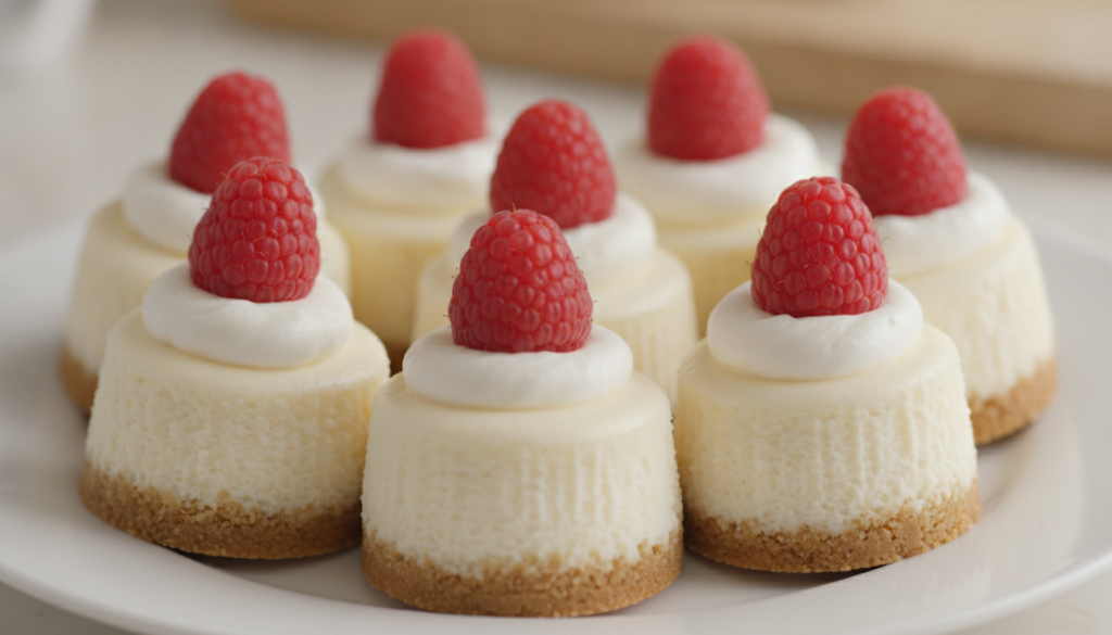 Mini vanilla cheesecake bites with a golden graham cracker crust topped with a dollop of whipped cream and a single rasp
