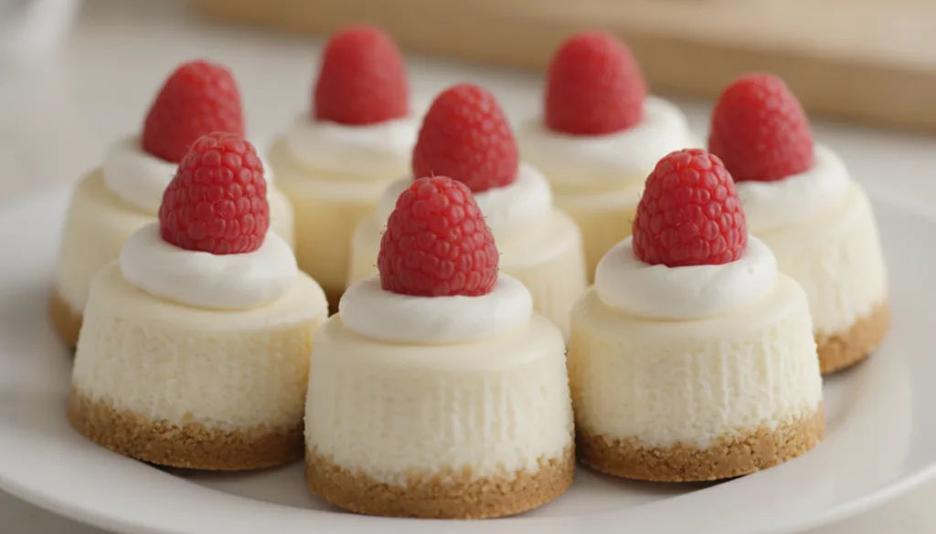 Mini vanilla cheesecake bites with a golden graham cracker crust topped with a dollop of whipped cream and a single rasp