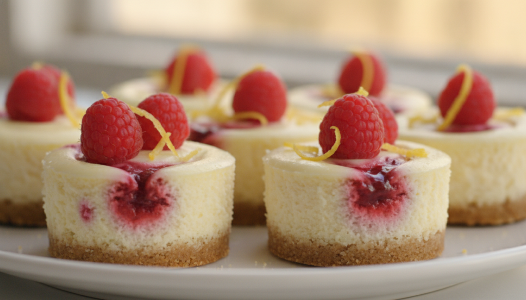 Mini lemon raspberry cheesecake bites with a zesty yellow filling and bright red raspberry swirls topped with fresh rasp