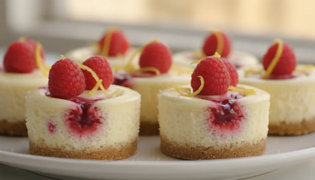 Mini lemon raspberry cheesecake bites with a zesty yellow filling and bright red raspberry swirls topped with fresh rasp
