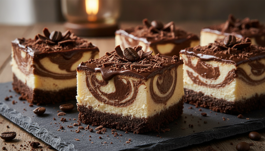 Rich chocolate swirl cheesecake bites with a dark chocolate ganache swirl topped with chocolate shavings and a single co