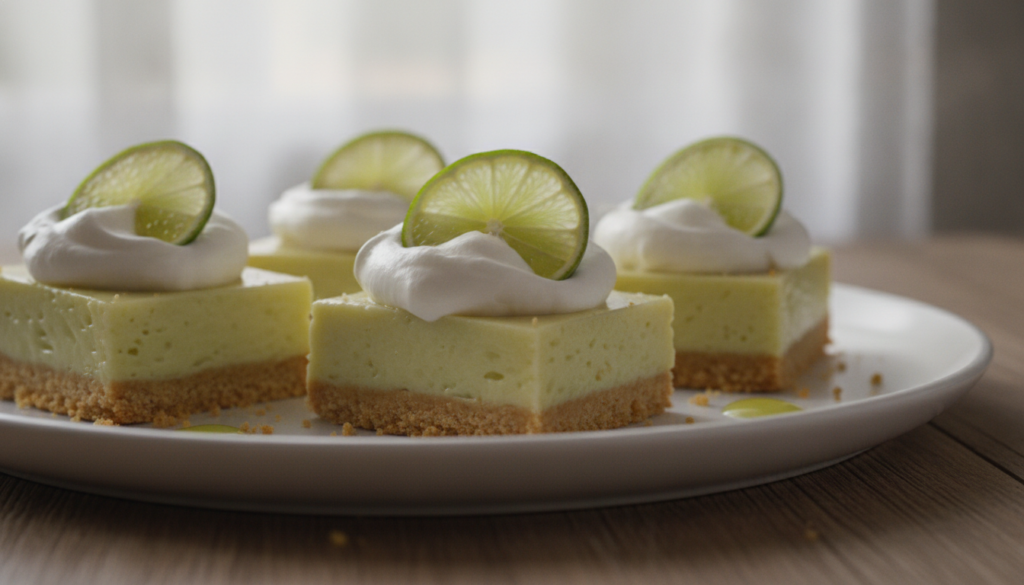 Vibrant green key lime pie bites with a graham cracker crust topped with a dollop of whipped cream and a thin lime slice