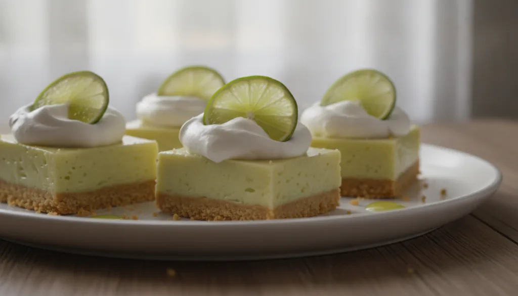 Vibrant green key lime pie bites with a graham cracker crust topped with a dollop of whipped cream and a thin lime slice