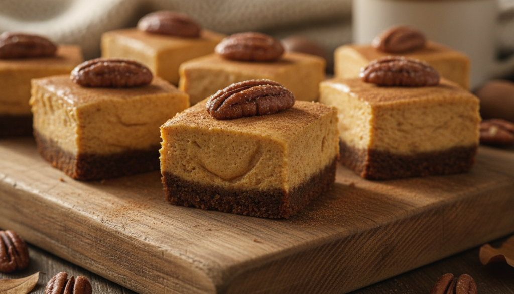 Autumnal pumpkin spice cheesecake bites with a ginger snap crust orange-tinted filling and a sprinkle of cinnamon topped