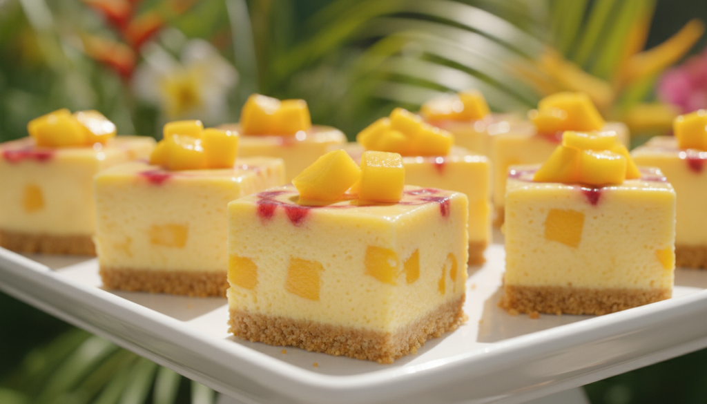 Tropical mango passion fruit cheesecake bites with a golden crust vibrant yellow-orange filling and swirls of passion fr