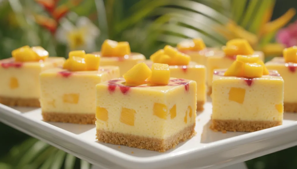 Tropical mango passion fruit cheesecake bites with a golden crust vibrant yellow-orange filling and swirls of passion fr
