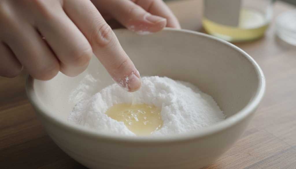 Hands mixing baking soda and lemon juice in a small white bowl to form a paste