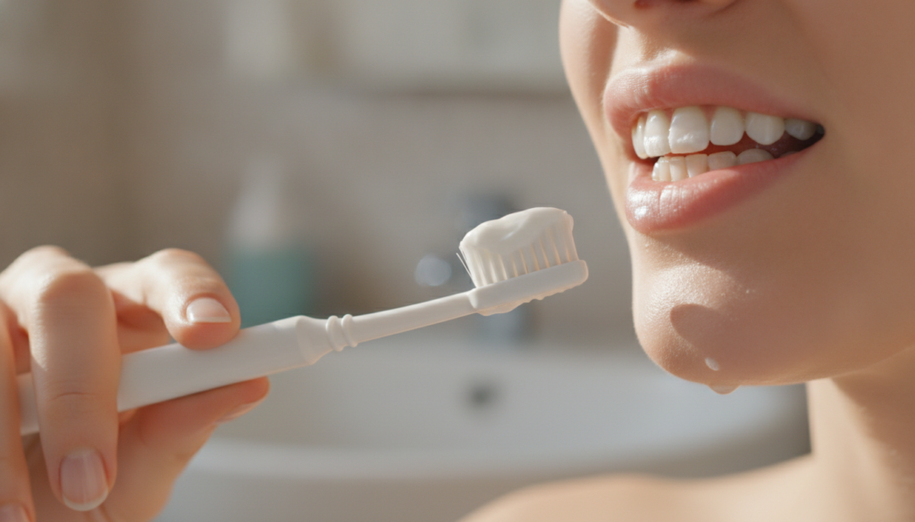 A person gently applying the teeth whitening paste to their teeth with a soft toothbrush or finger