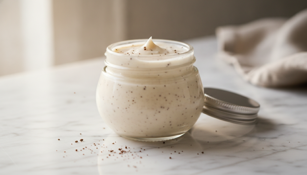 A small glass jar of the finished homemade beauty balm with a creamy texture and visible coffee specks placed on a marbl