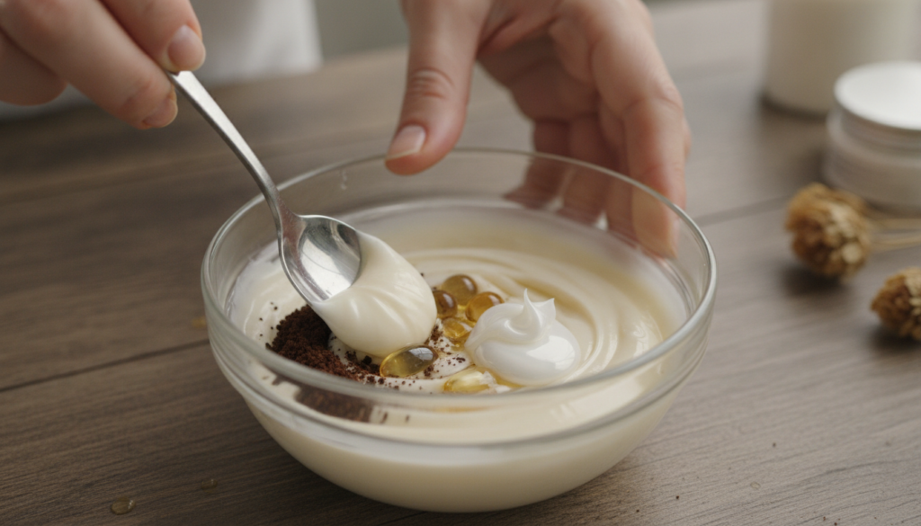 A person mixing Vaseline baby oil coffee grounds and vitamin E oil in a small bowl with a spoon creating a creamy textur