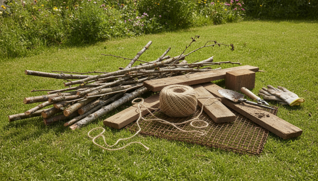 Various natural materials for building a rustic trellis cut branches scrap wood jute twine and a small section of metal 